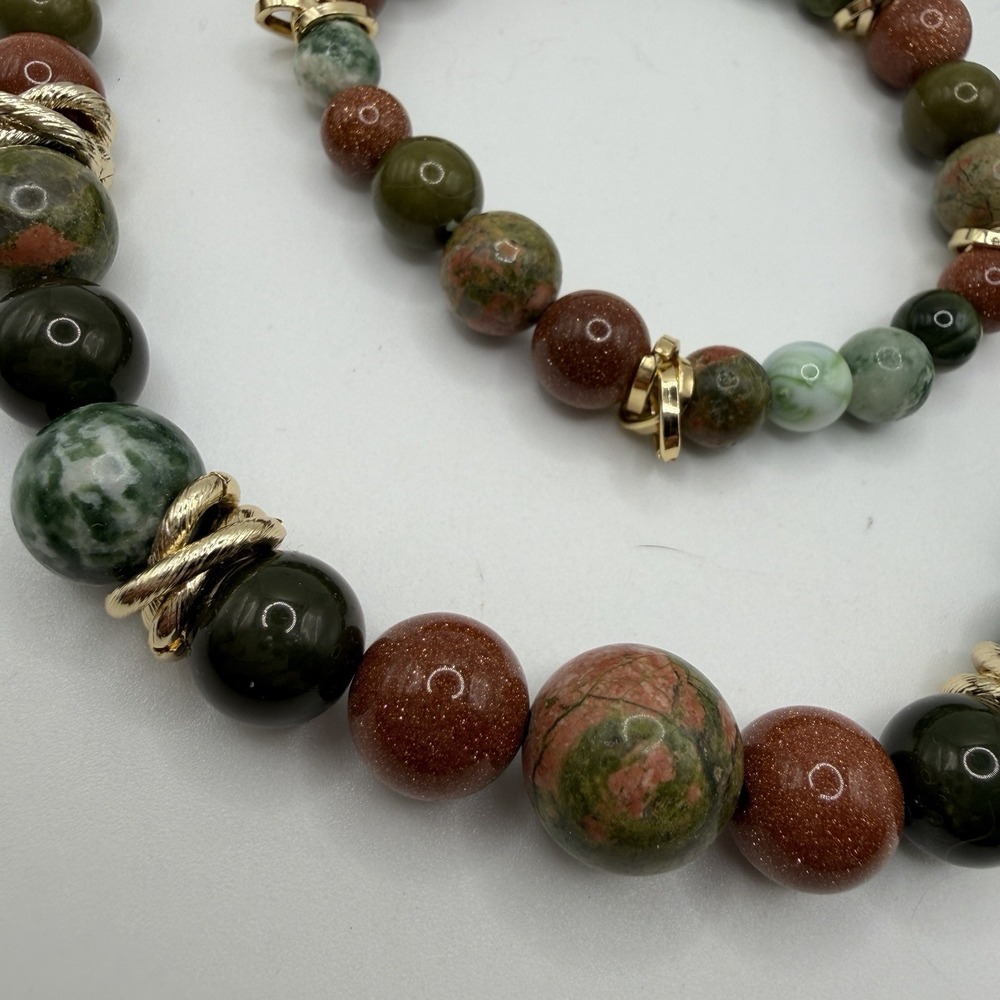 Necklace, Bracelet, Earring Jewelry Set of 3 Beads Green Brown Gold NEW Pierced - Picture 4 of 10